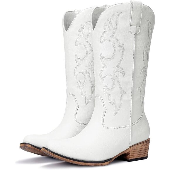 🆕Women White Embroidered Cowgirl Boots Western Mid Calf Chunky Heel Toe Boot